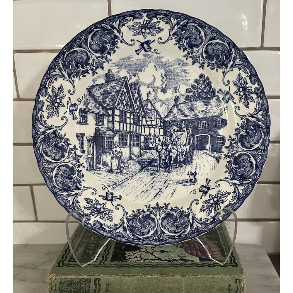 Staffordshire Life Vintage Blue & White Dinner Wall Plate Old England Town 1760